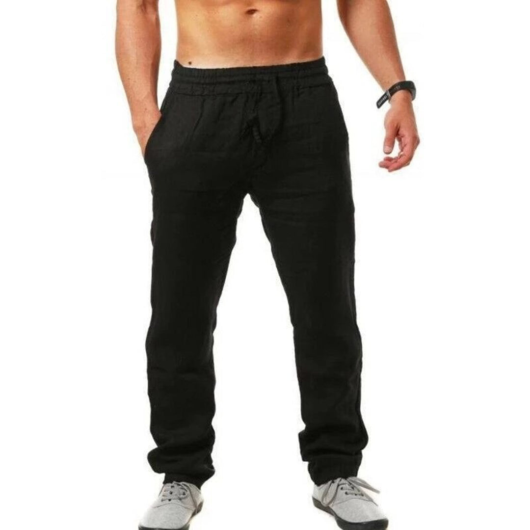 Voorkant witte zomer linnen broek voor heren