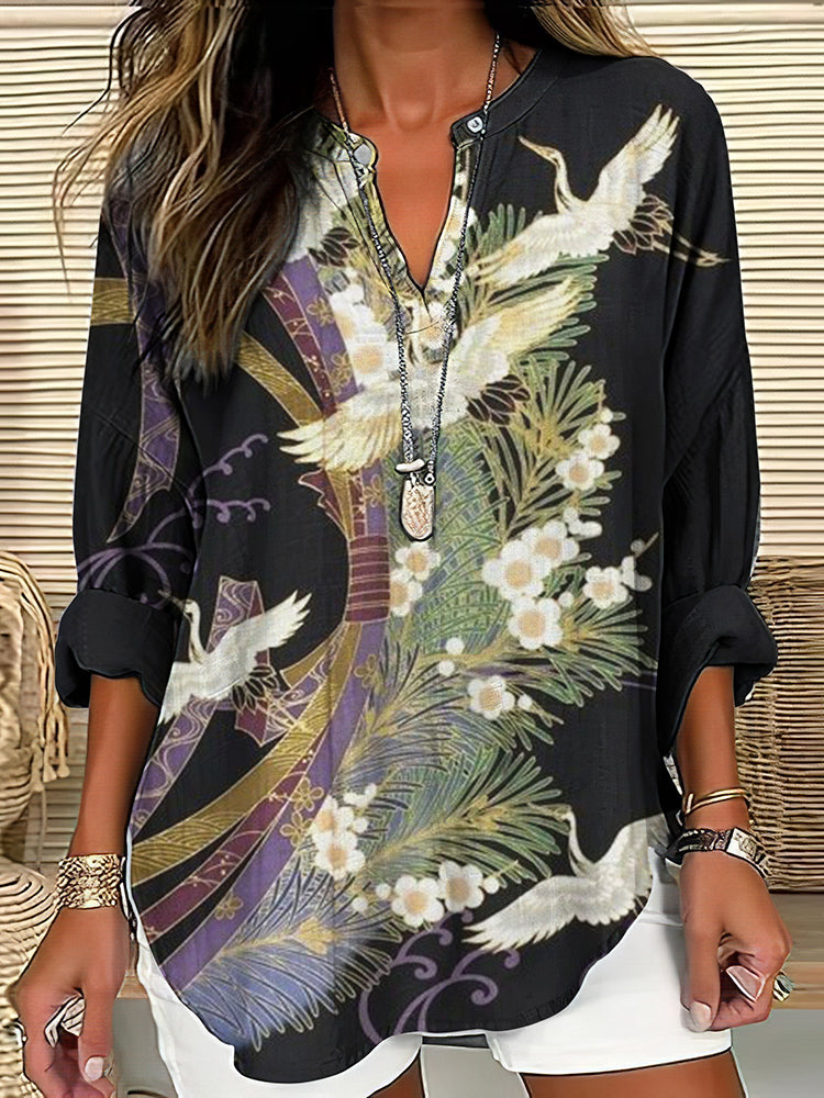 Lena | Damenbluse mit Kran- und Blumenmotiv Boho-Style