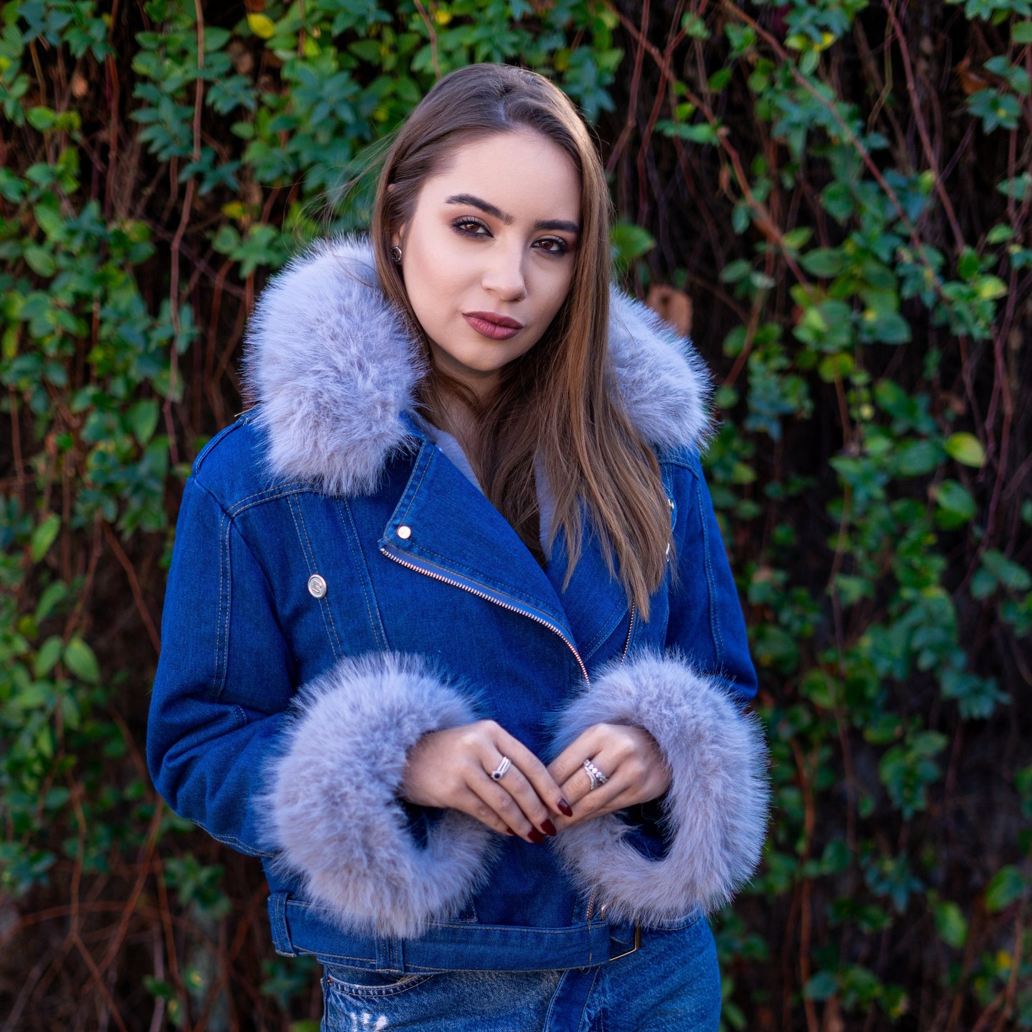 Doreen | Kunstpelzkragen Denim Jacke