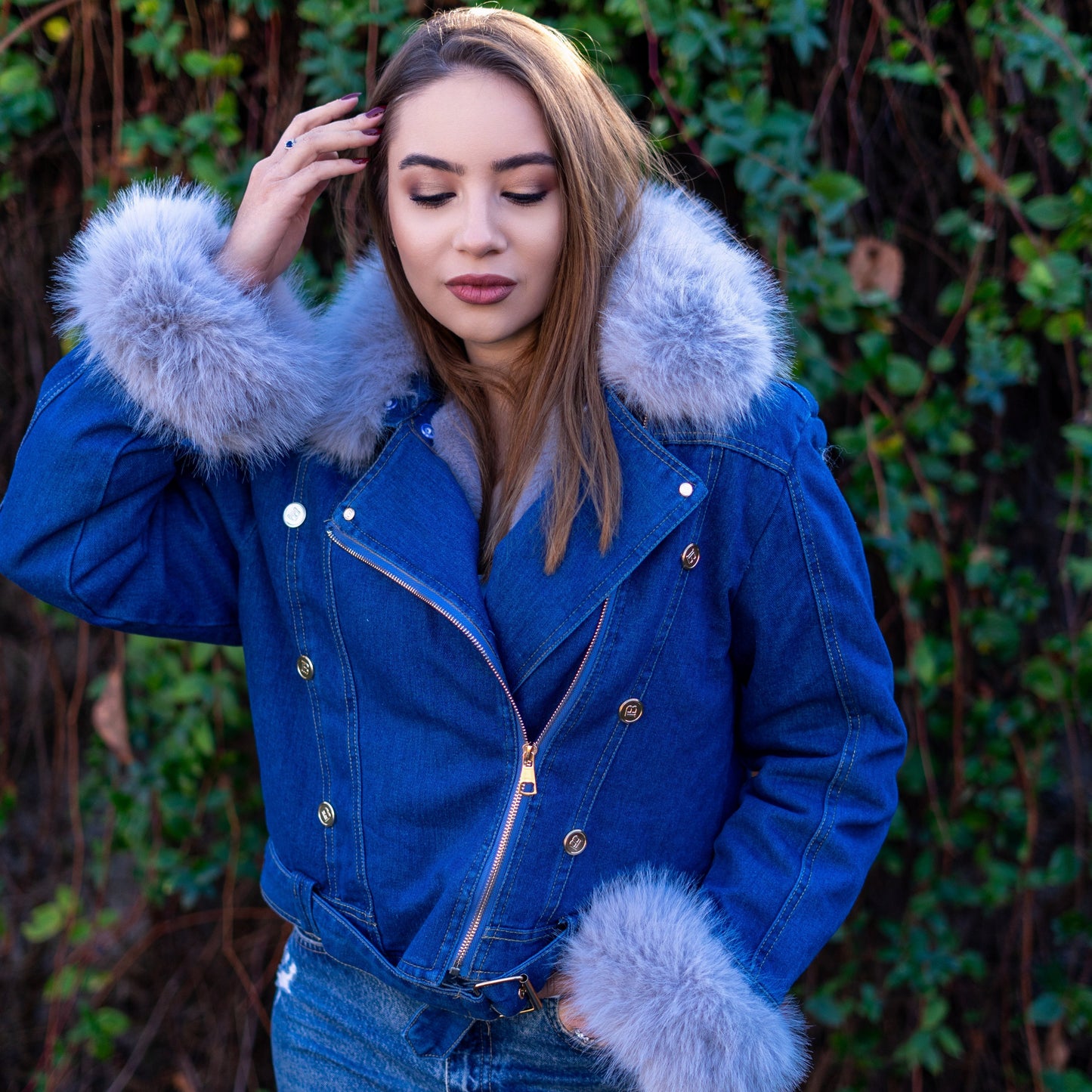 Doreen | Kunstpelzkragen Denim Jacke