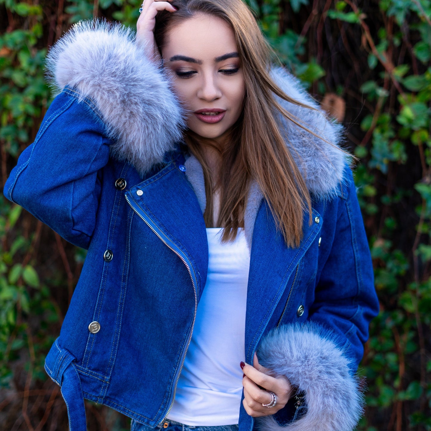 Doreen | Kunstpelzkragen Denim Jacke