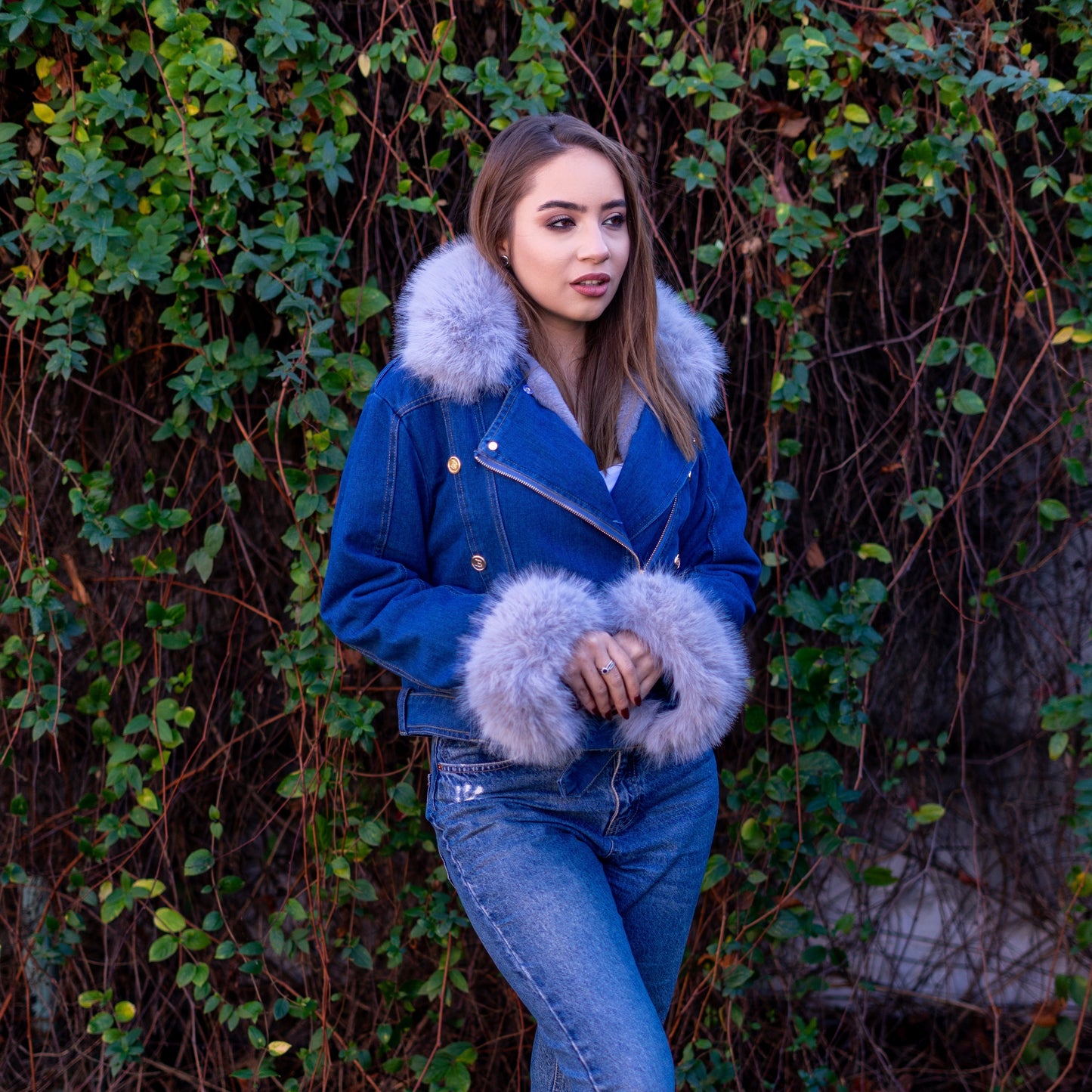 Doreen | Kunstpelzkragen Denim Jacke