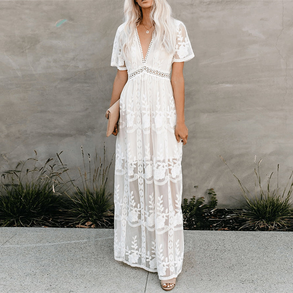 Merlinda | Maxikleid Sommer – Fließender Stoff, V-Ausschnitt, Lange Kleider Damen-1
