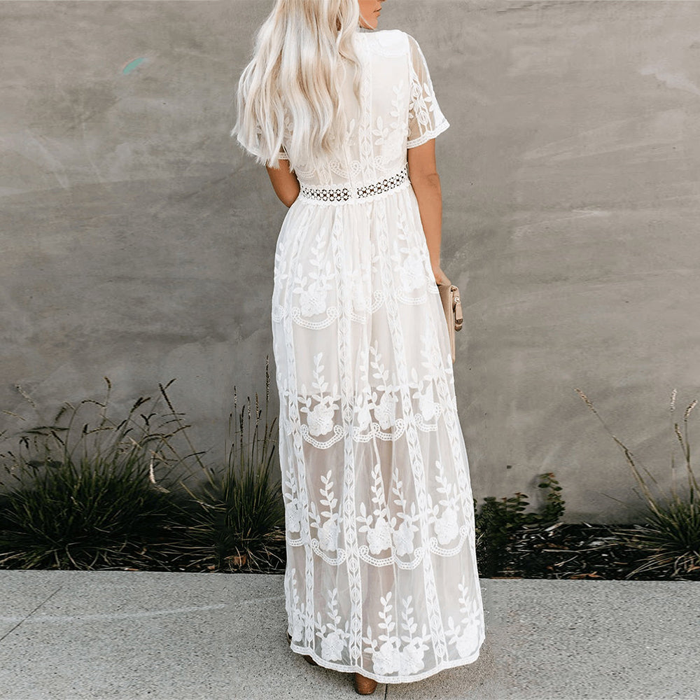 Merlinda | Maxikleid Sommer – Fließender Stoff, V-Ausschnitt, Lange Kleider Damen