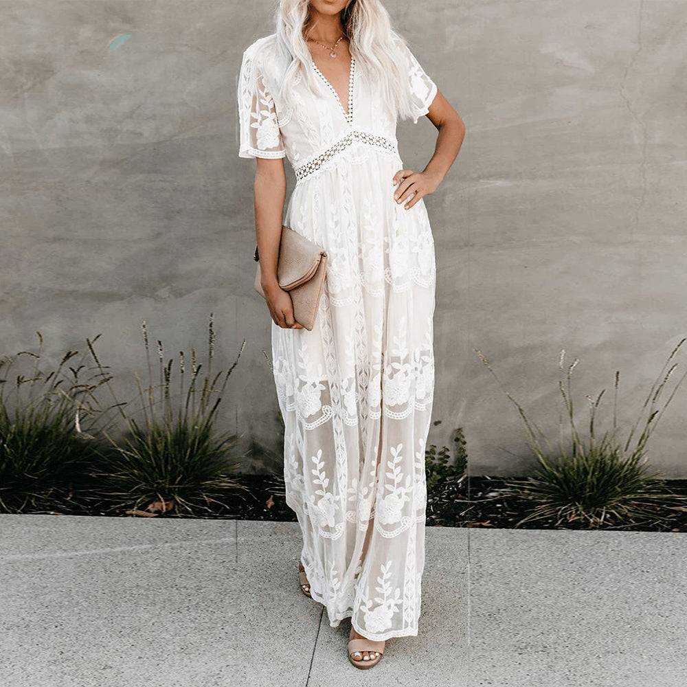Merlinda | Maxikleid Sommer – Fließender Stoff, V-Ausschnitt, Lange Kleider Damen