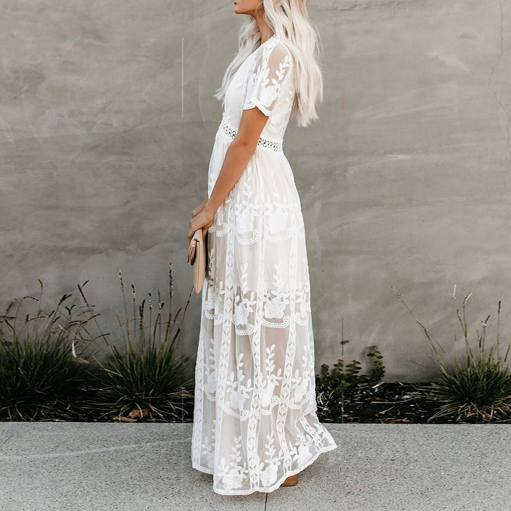 Merlinda | Maxikleid Sommer – Fließender Stoff, V-Ausschnitt, Lange Kleider Damen