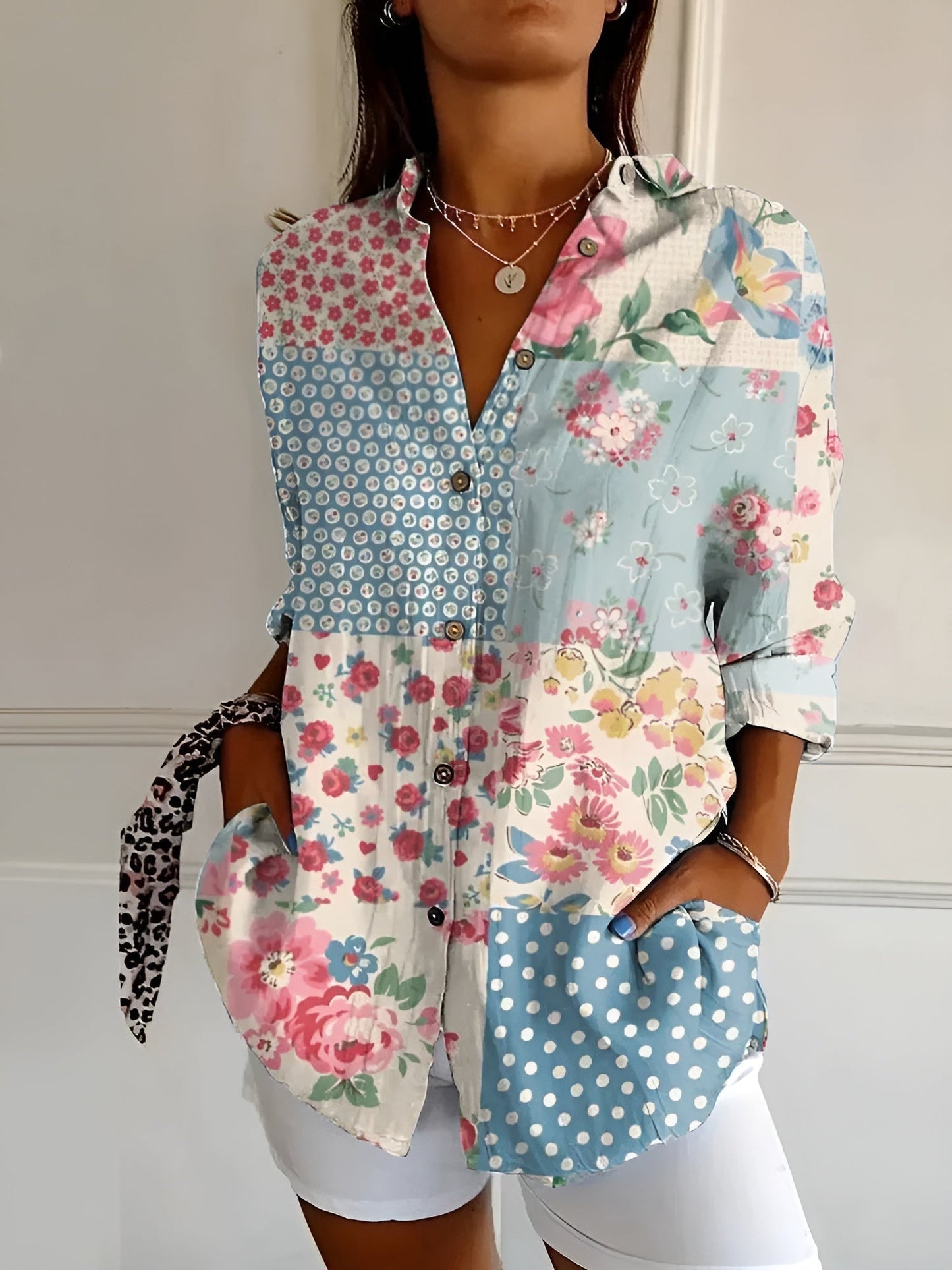 Amara | Blusenhemd – Leinenmix, Damen Bluse Hemd mit Blumenbrise-Knopf