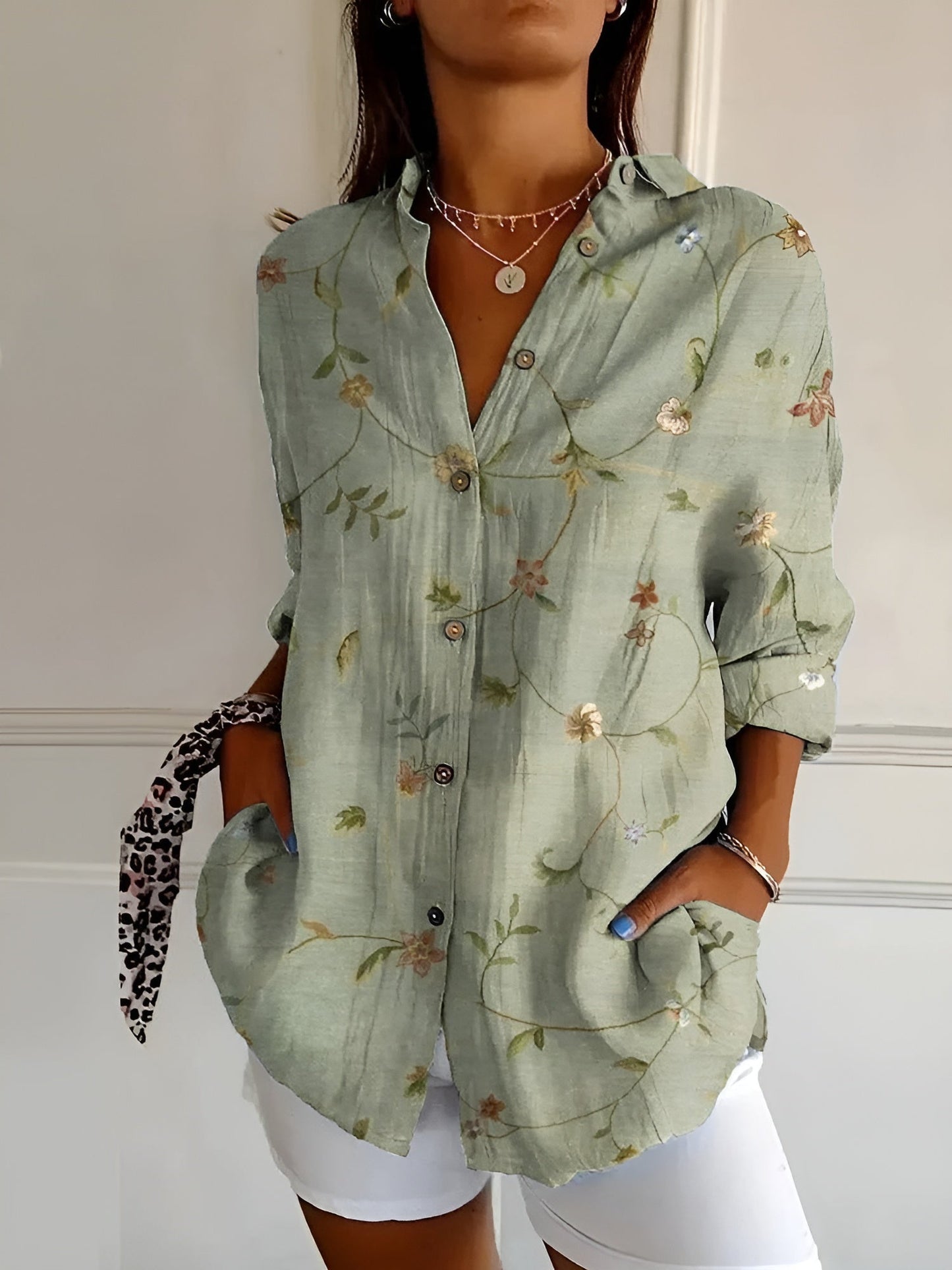 Amara | Blusenhemd – Leinenmix, Damen Bluse Hemd mit Blumenbrise-Knopf