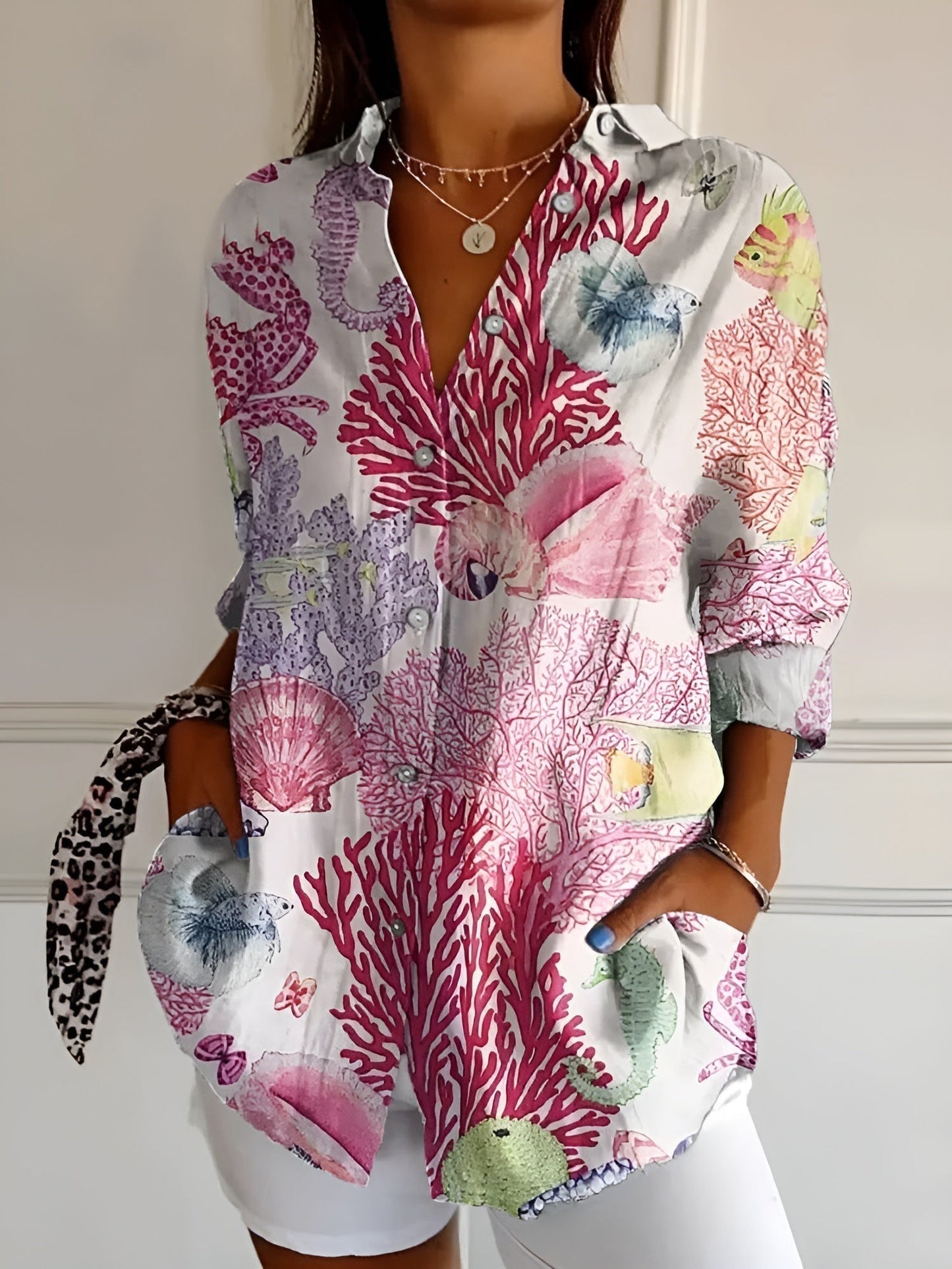 Variant image for Amara | Blusenhemd – Leinenmix, Damen Bluse Hemd mit Blumenbrise-Knopf-9