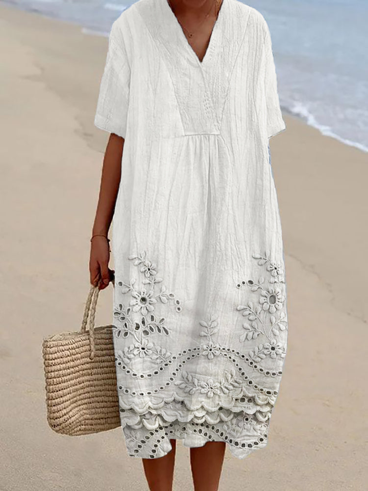 Evessa | Midi Sommerkleid Damen mit Blumendetails und V-Ausschnitt 3