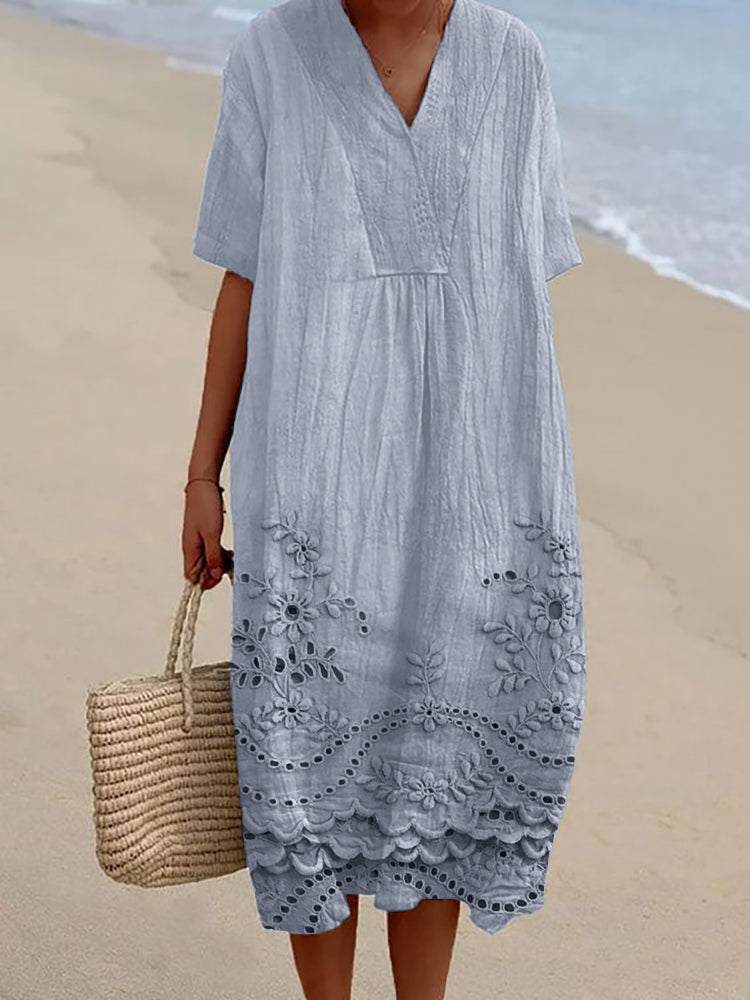 Sarah | Midi Sommerkleid Damen mit Blumendetails und V-Ausschnitt