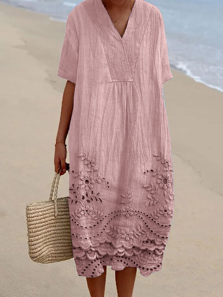 Sarah | Midi Sommerkleid Damen mit Blumendetails und V-Ausschnitt