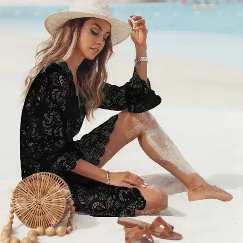 Bella | Strandkleid Damen Weiß mit V-Ausschnitt und Spitzenverzierungen-4