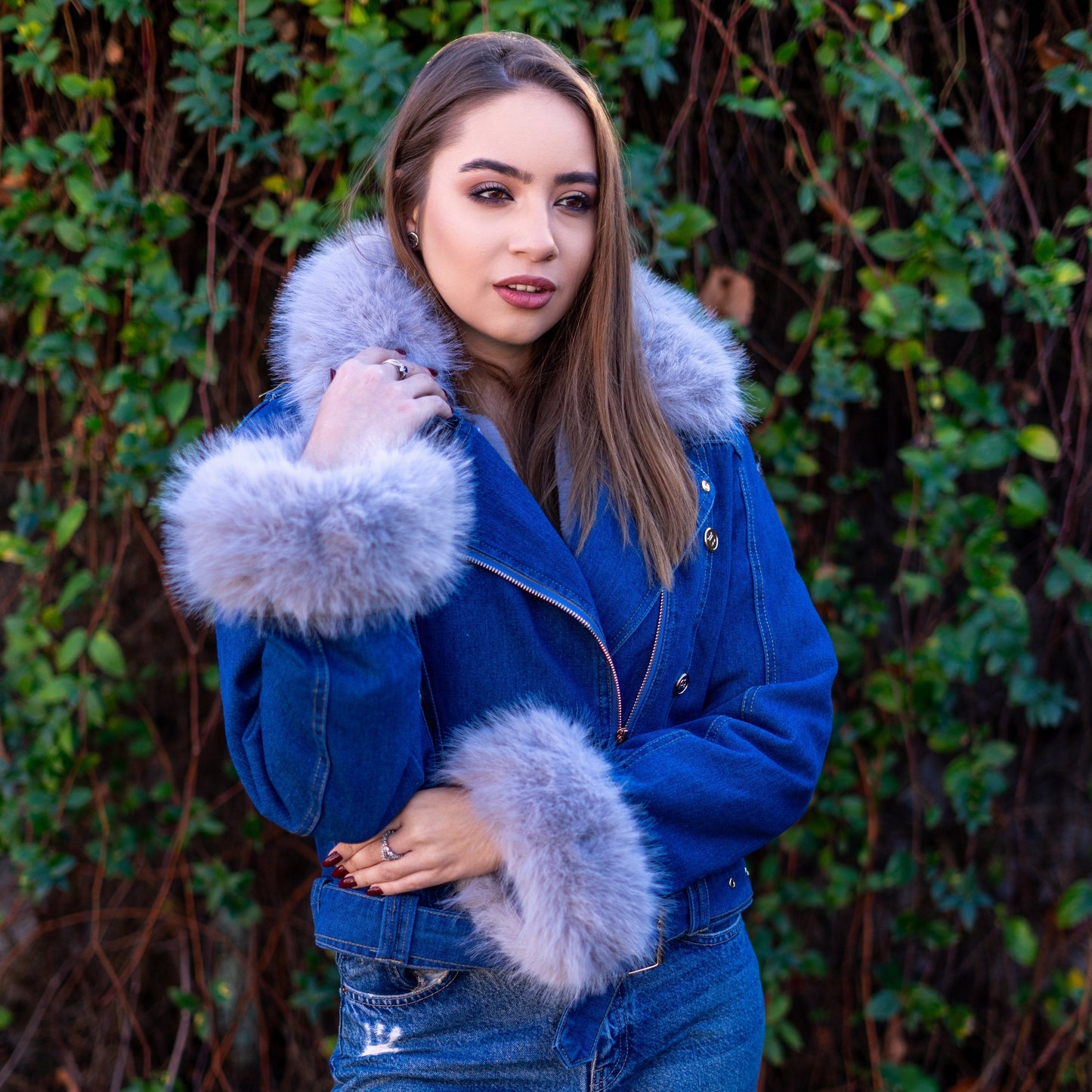 Doreen | Kunstpelzkragen Denim Jacke