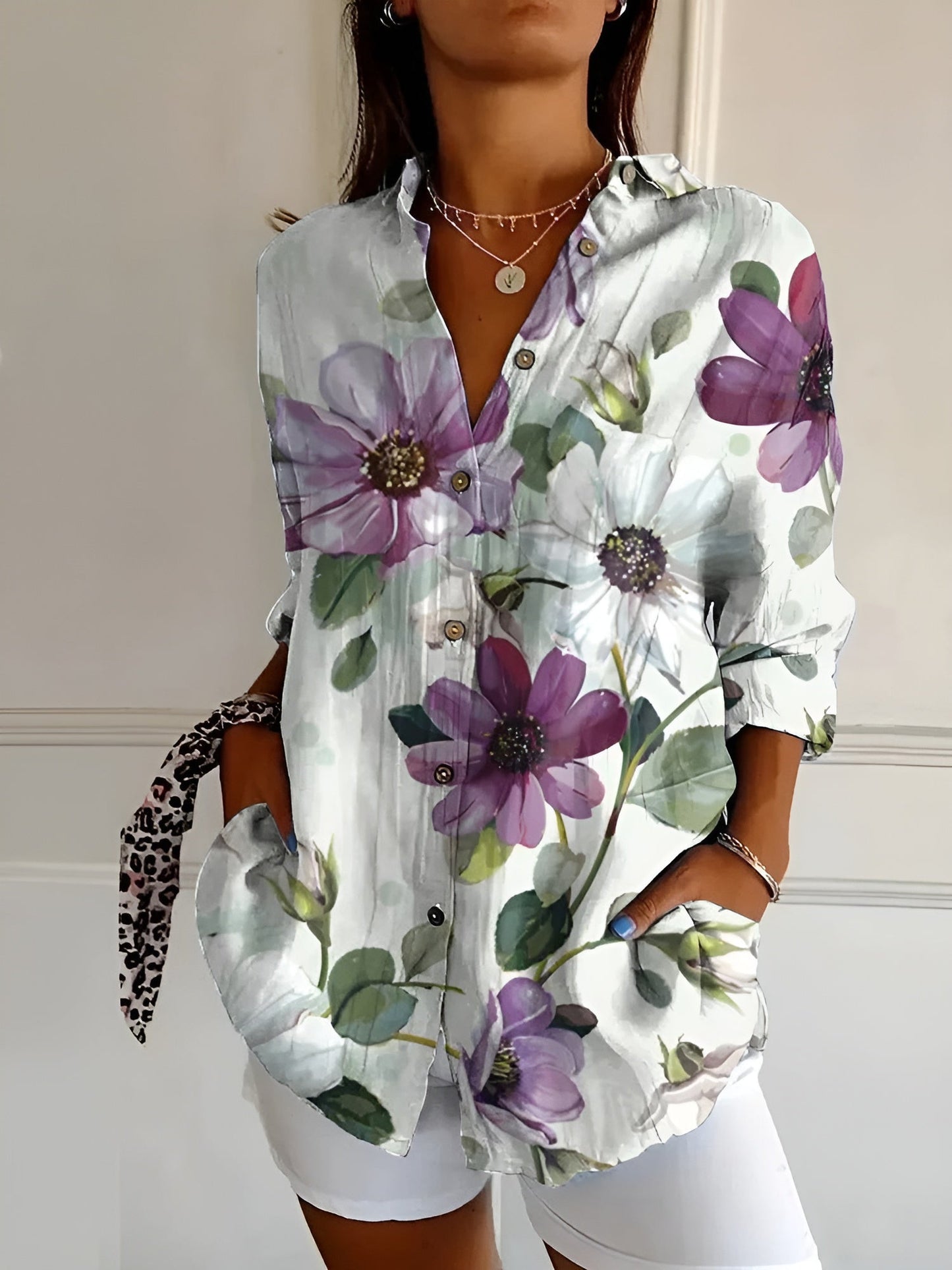 Amara | Blusenhemd – Leinenmix, Damen Bluse Hemd mit Blumenbrise-Knopf