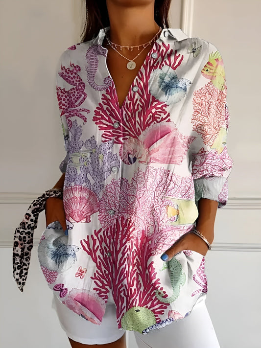 Amara | Blusenhemd – Leinenmix, Damen Bluse Hemd mit Blumenbrise-Knopf-1